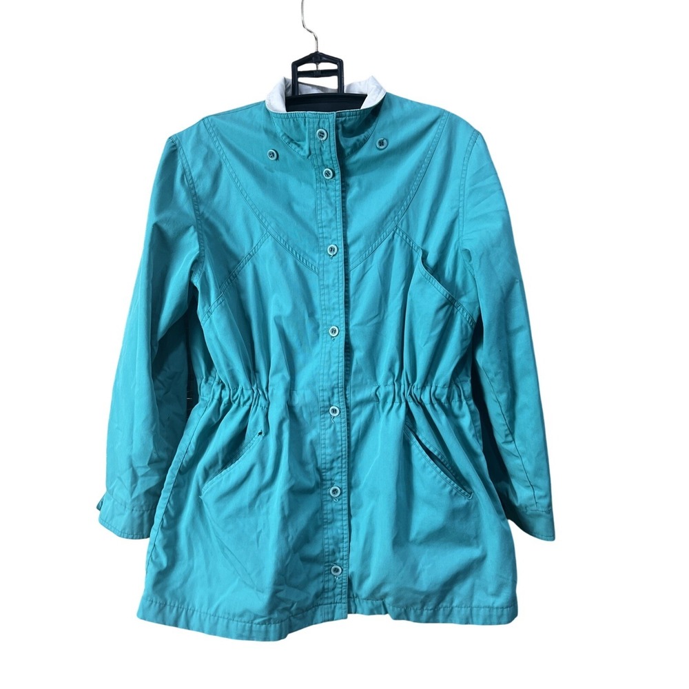 London Fog Jacket Womens 14 Teal Anorak Button Front Cinched Waist Vintage Coat